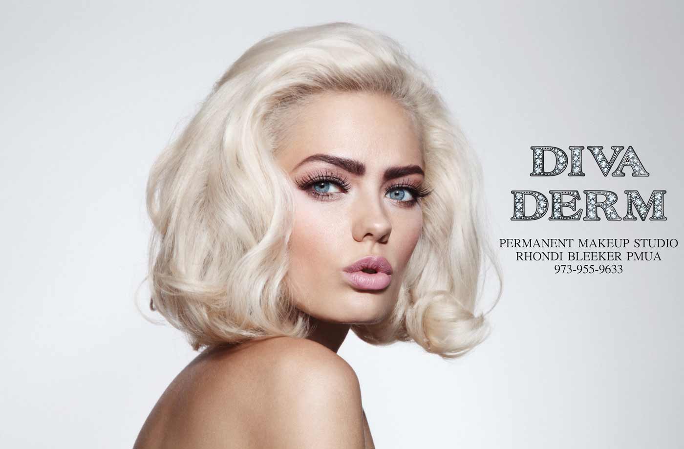 Blondy woman with blue eyes and makeup, Diva Derm Permanent Makeup Studio